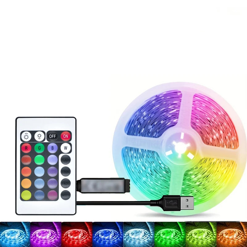 RGB LED strip light with remote control and USB adapter on a white background