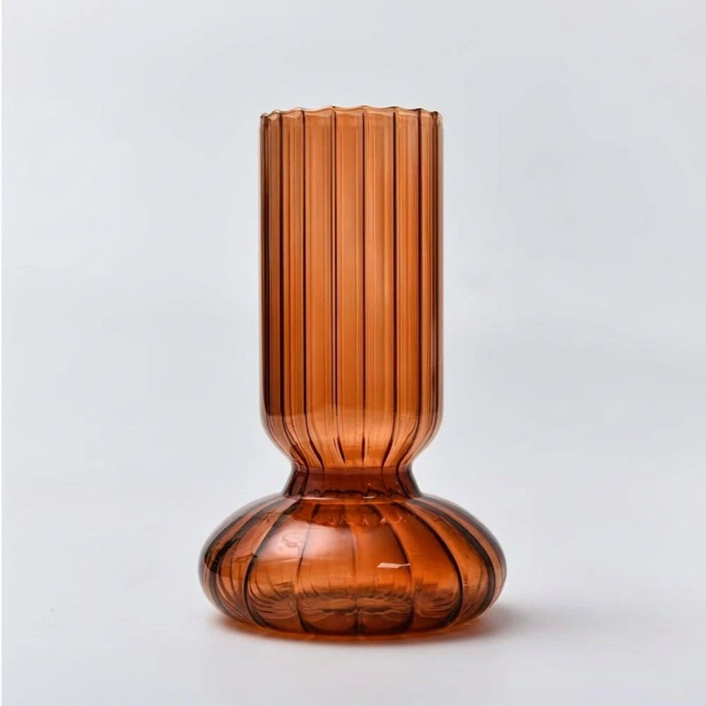 Brown ribbed vase with measurements on a light gray background