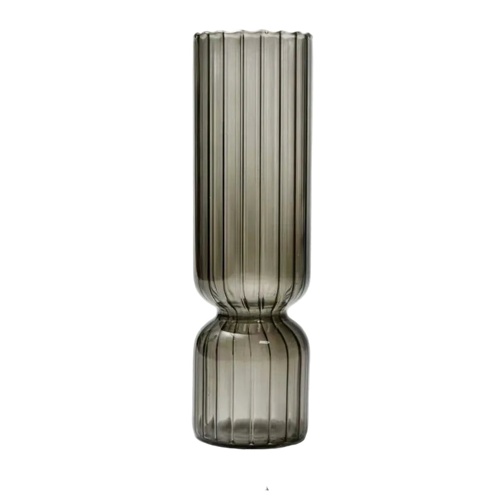 Smoky glass vase with dimensions on a light gray background