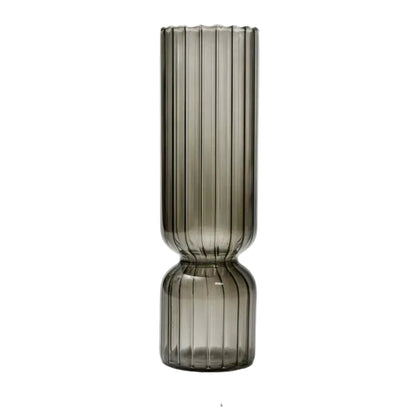 Smoky glass vase with dimensions on a light gray background