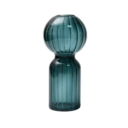 Blue glass vase with measurements on a white background