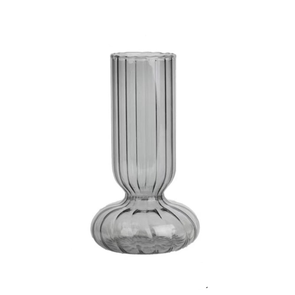 Clear glass vase with dimensions labeled on a white background