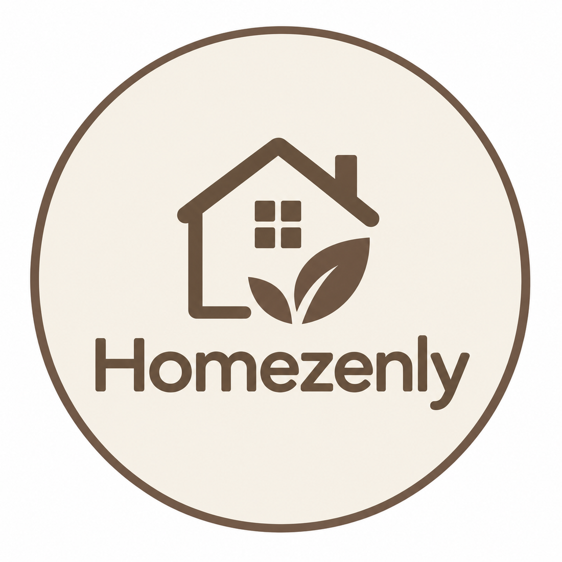 A circular beige and brown logo featuring a house outline with two leaves and the word 'Homezenly' underneath, shown on a white background.
