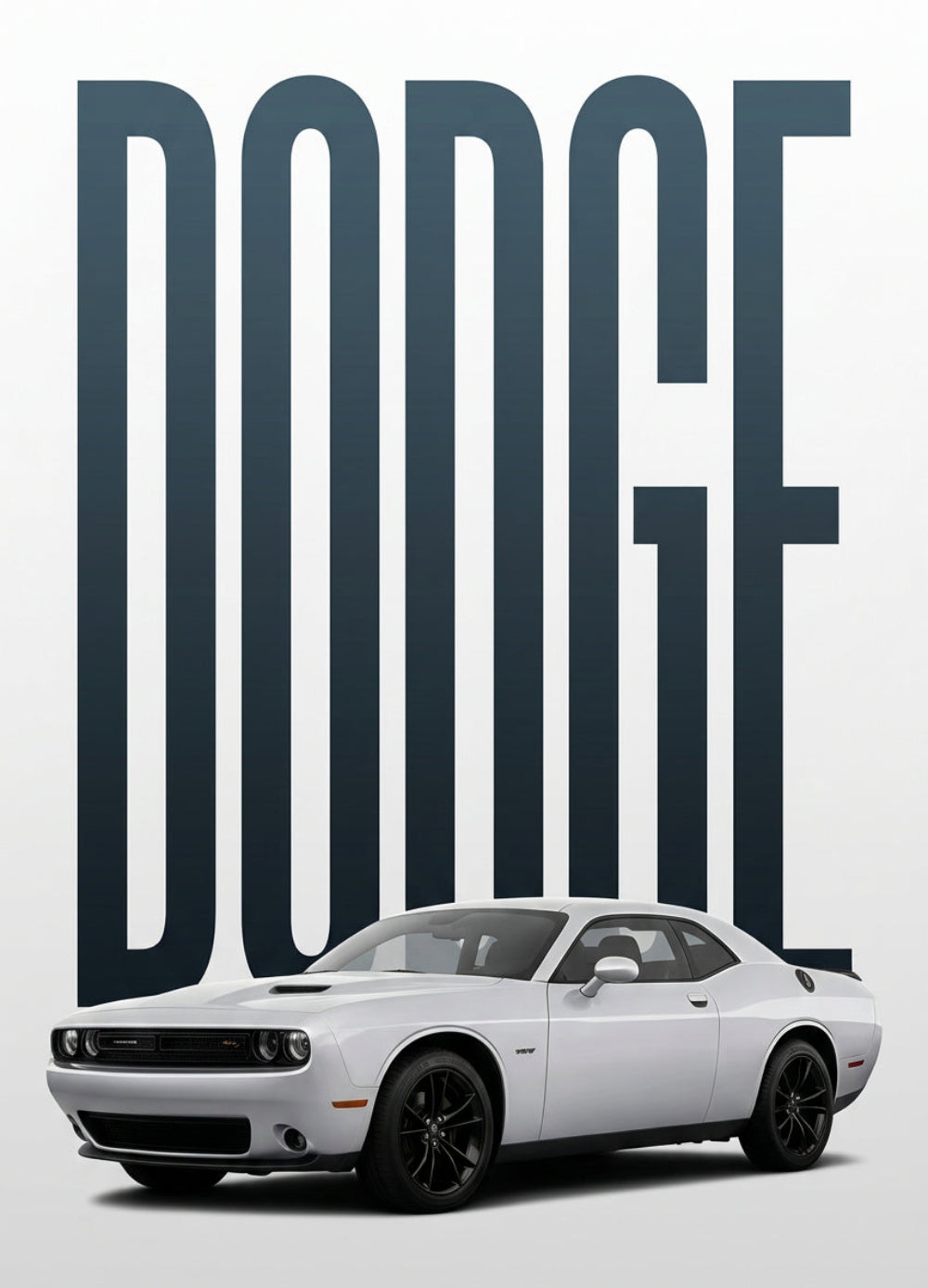 Dodge Challenger R/T car on a white background with branding elements.