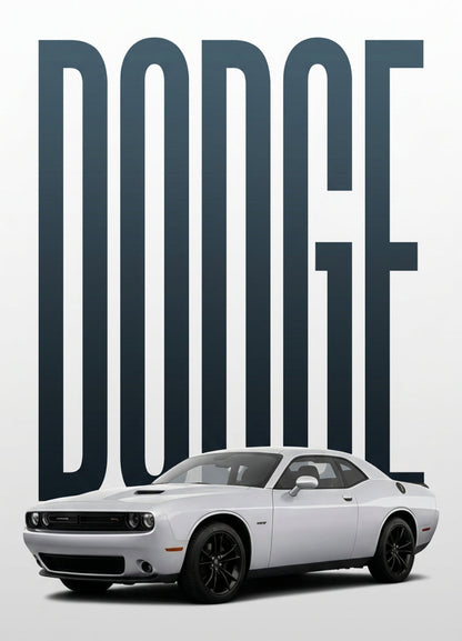 Dodge Challenger R/T car on a white background with branding elements.