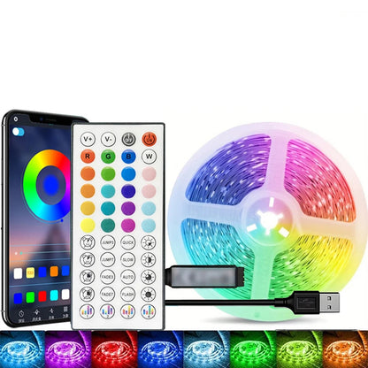 RGB LED strip light with smartphone app control and color options on a white background