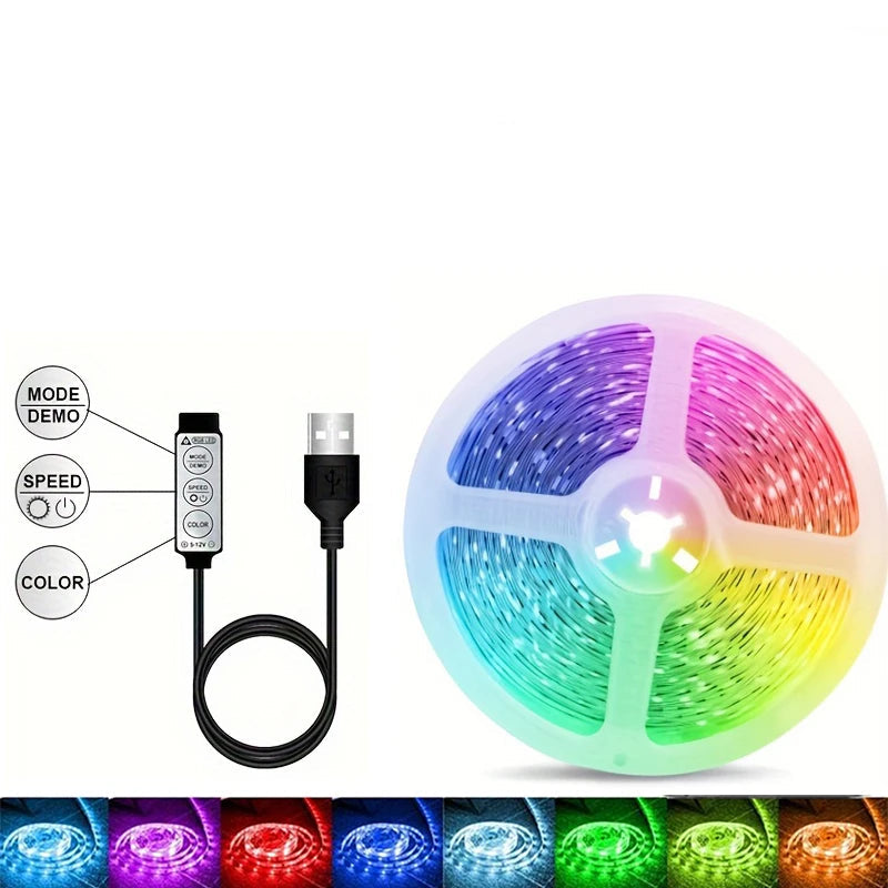 RGB LED strip light with control panel and color options on a white background