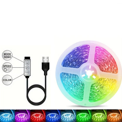 RGB LED strip light with control panel and color options on a white background
